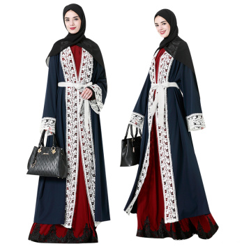 De alta qualidade Mais Novo atacado islâmico clothingwomen vestidos frente aberta black lace sewed abaya